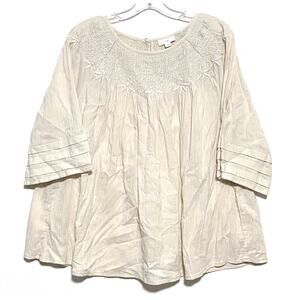 J. Jill Moonbeam Embroidered Blouse Peasant Boho Gauzy Beige Shirt Flowy Small